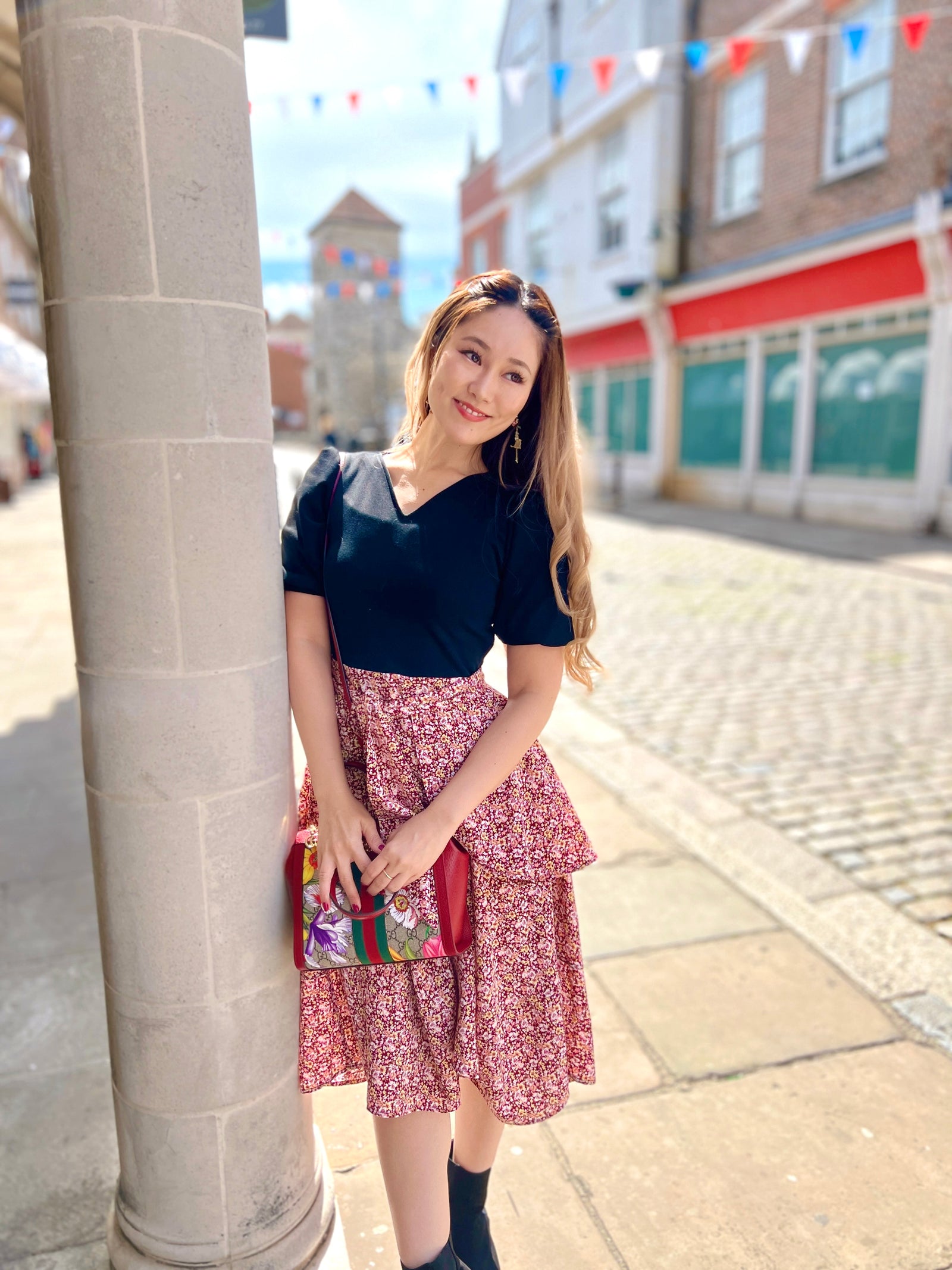 フラワーフレアワンピース(ブラック)／Flower Flared Dress(Black  